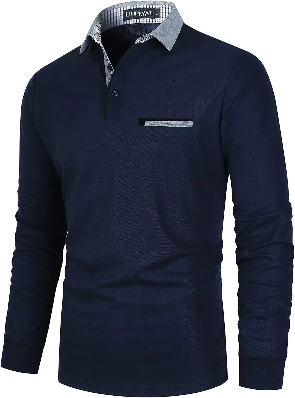 LIUPMWE Polo Shirts for Men Long Sleeve Golf Shirt Slim Fit Classic Plaid Collar Cotton Golf T-Shirts Casual Polo Shirts