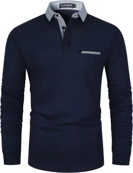 LIUPMWE Polo Shirts for Men Long Sleeve Golf Shirt Slim Fit Classic Plaid Collar Cotton Golf T-Shirts Casual Polo Shirts