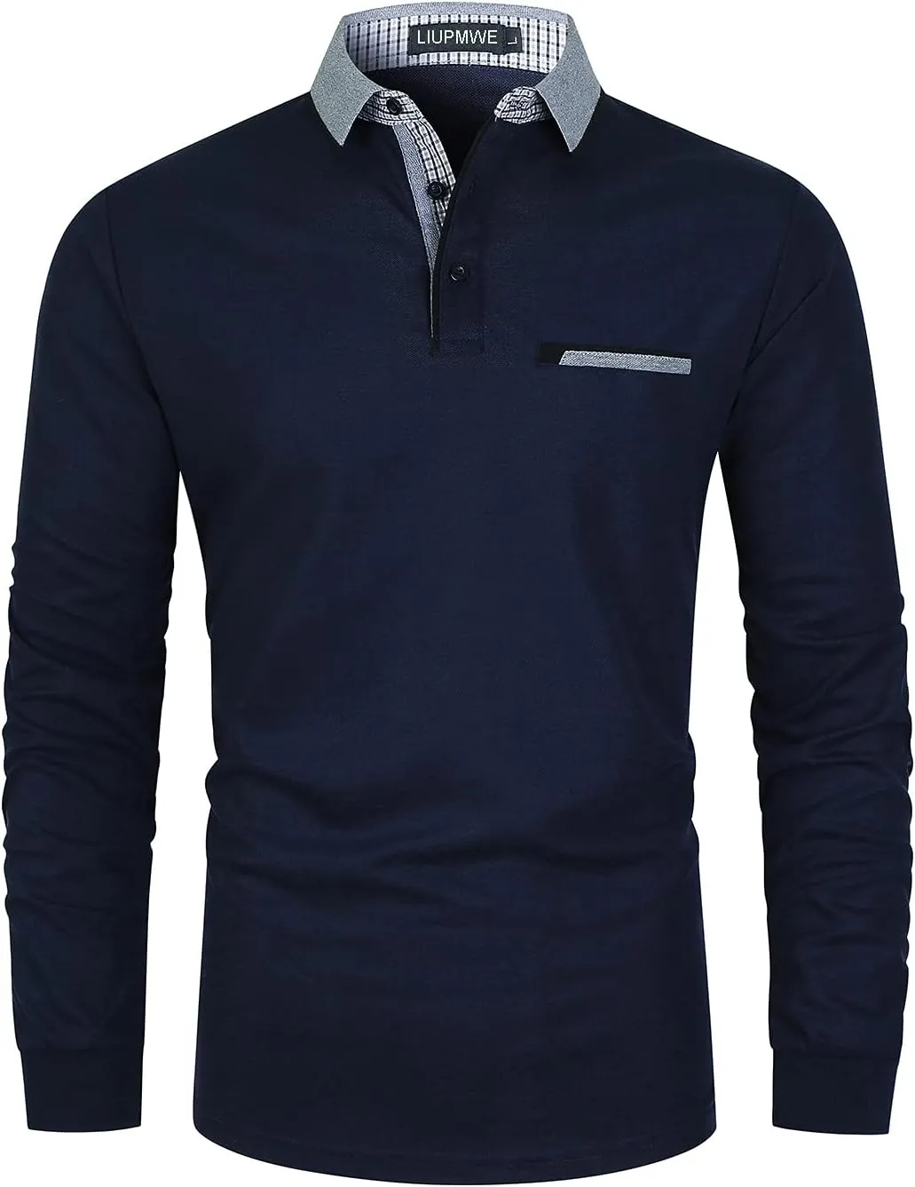 LIUPMWE Polo Shirts for Men Long Sleeve Golf Shirt Slim Fit Classic Plaid Collar Cotton Golf T-Shirts Casual Polo Shirts