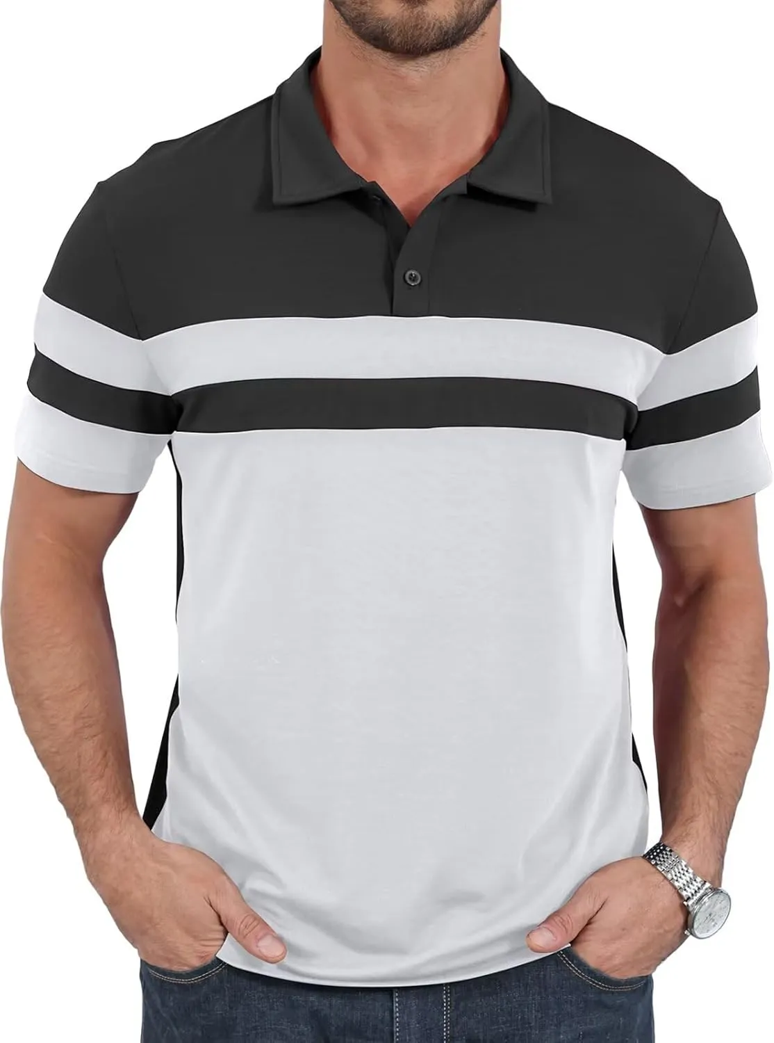 Mens Polo Shirts Short Sleeve Color Block T Shirt Summer Lightweight Casual Golf Shirts