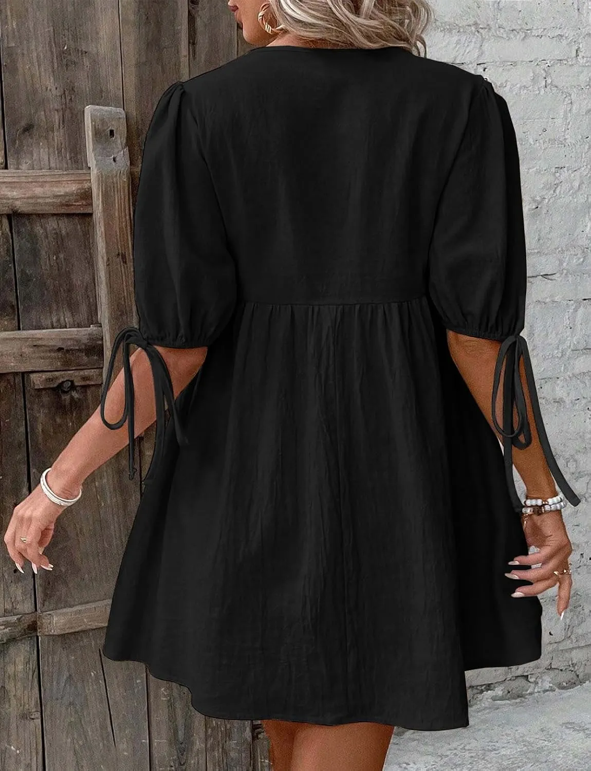 Mywinway Linen Dress for Women Spring Summer Puff Short Sleeve Cute Sundress Tie Front V Neck Loose Flowy Swing Dresses