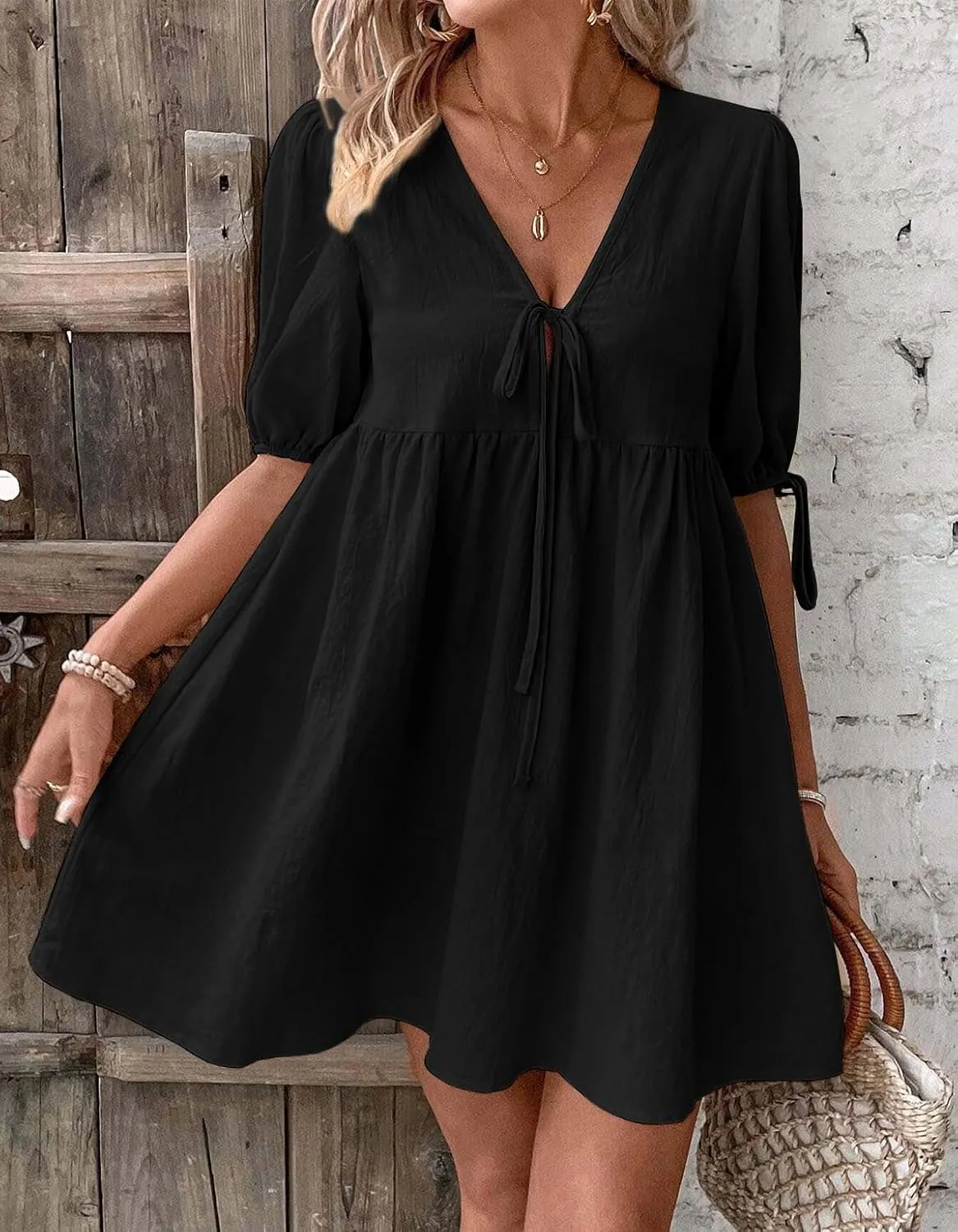 Mywinway Linen Dress for Women Spring Summer Puff Short Sleeve Cute Sundress Tie Front V Neck Loose Flowy Swing Dresses