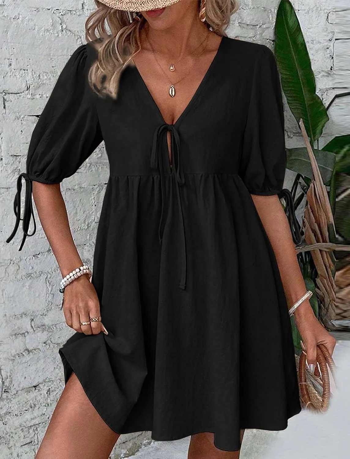 Mywinway Linen Dress for Women Spring Summer Puff Short Sleeve Cute Sundress Tie Front V Neck Loose Flowy Swing Dresses