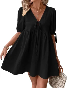 Mywinway Linen Dress for Women Spring Summer Puff Short Sleeve Cute Sundress Tie Front V Neck Loose Flowy Swing Dresses