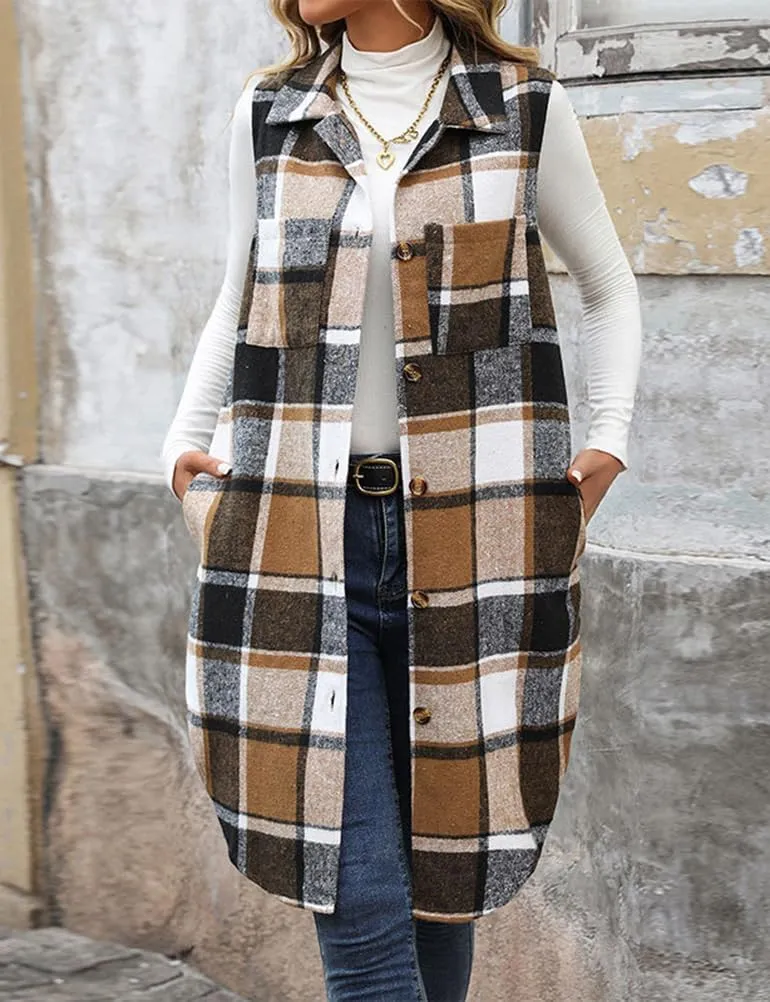 Mywinway Long Plaid Vest for Women 2025 Fall Winter Sleeveless Blazer Jackets Outerwear Trendy Tops