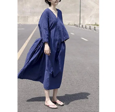 Navy blue 100%  Linen Women  Dresses 3/4 Sleeves  CH90423