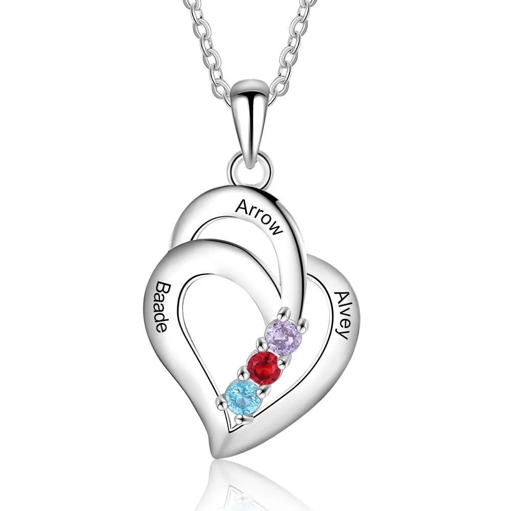 Personalized Engravable Name Heart Pendant Necklace with 3 Birthstones Gifts for Mom