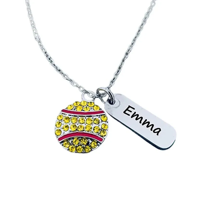 Personalized Engraved Softball Necklace - Rhinestone Charm