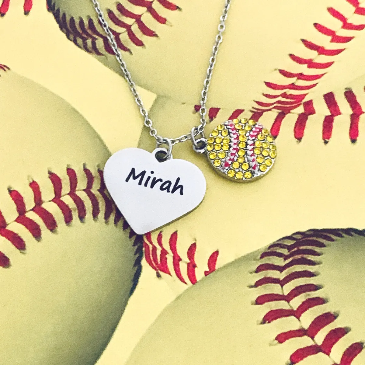 Personalized Engraved Softball Necklace - Rhinestone Charm