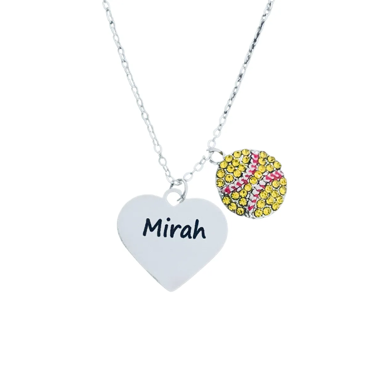 Personalized Engraved Softball Necklace - Rhinestone Charm