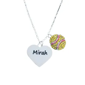 Personalized Engraved Softball Necklace - Rhinestone Charm