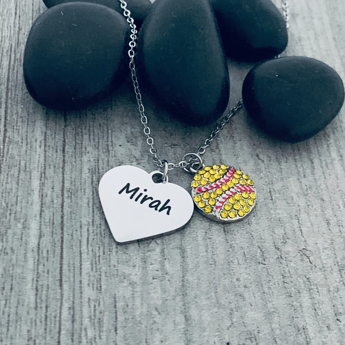 Personalized Engraved Softball Necklace - Rhinestone Charm