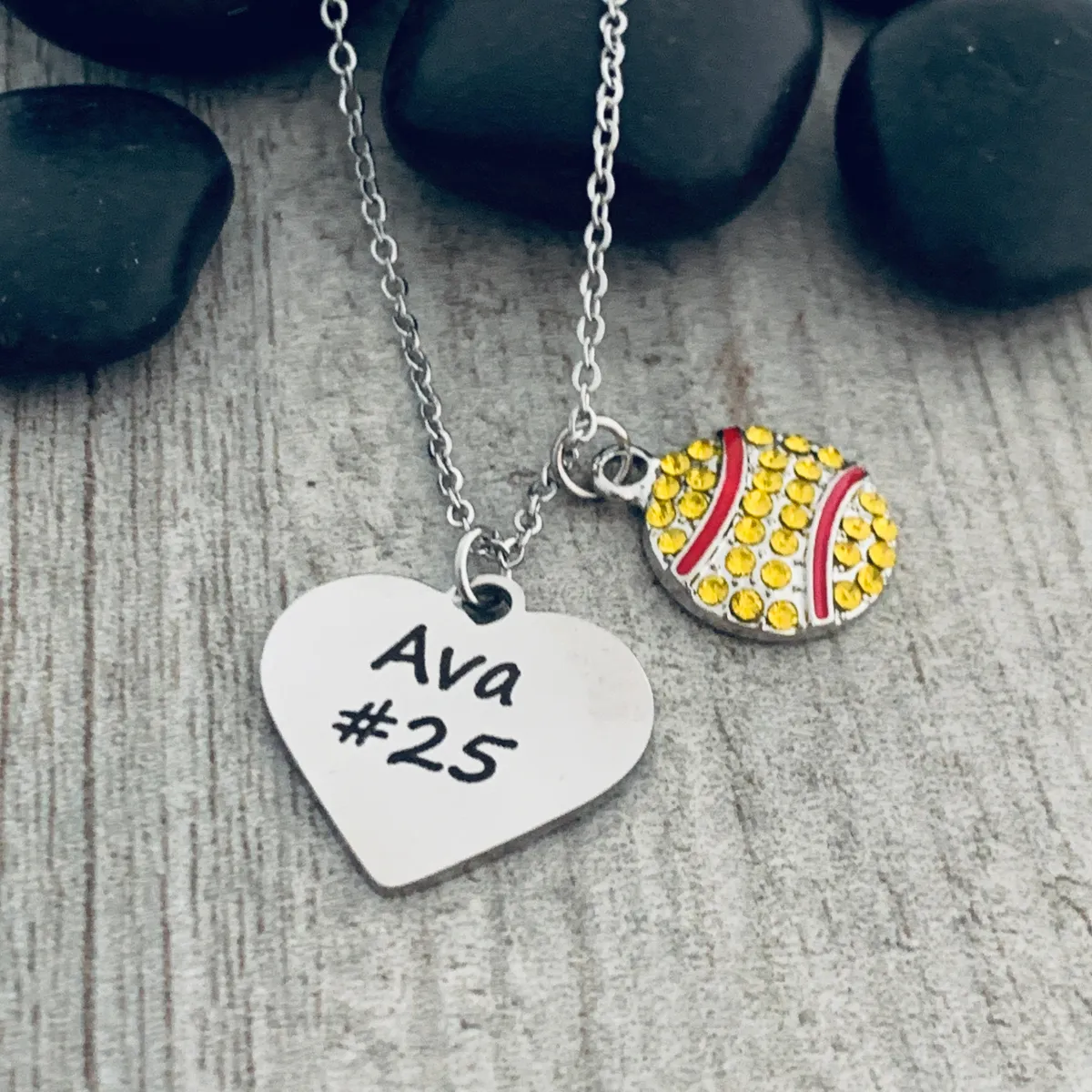 Personalized Engraved Softball Necklace - Rhinestone Charm