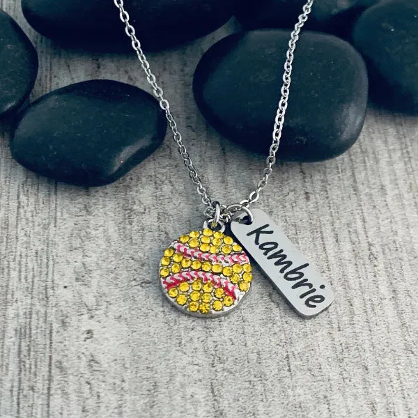 Personalized Engraved Softball Necklace - Rhinestone Charm