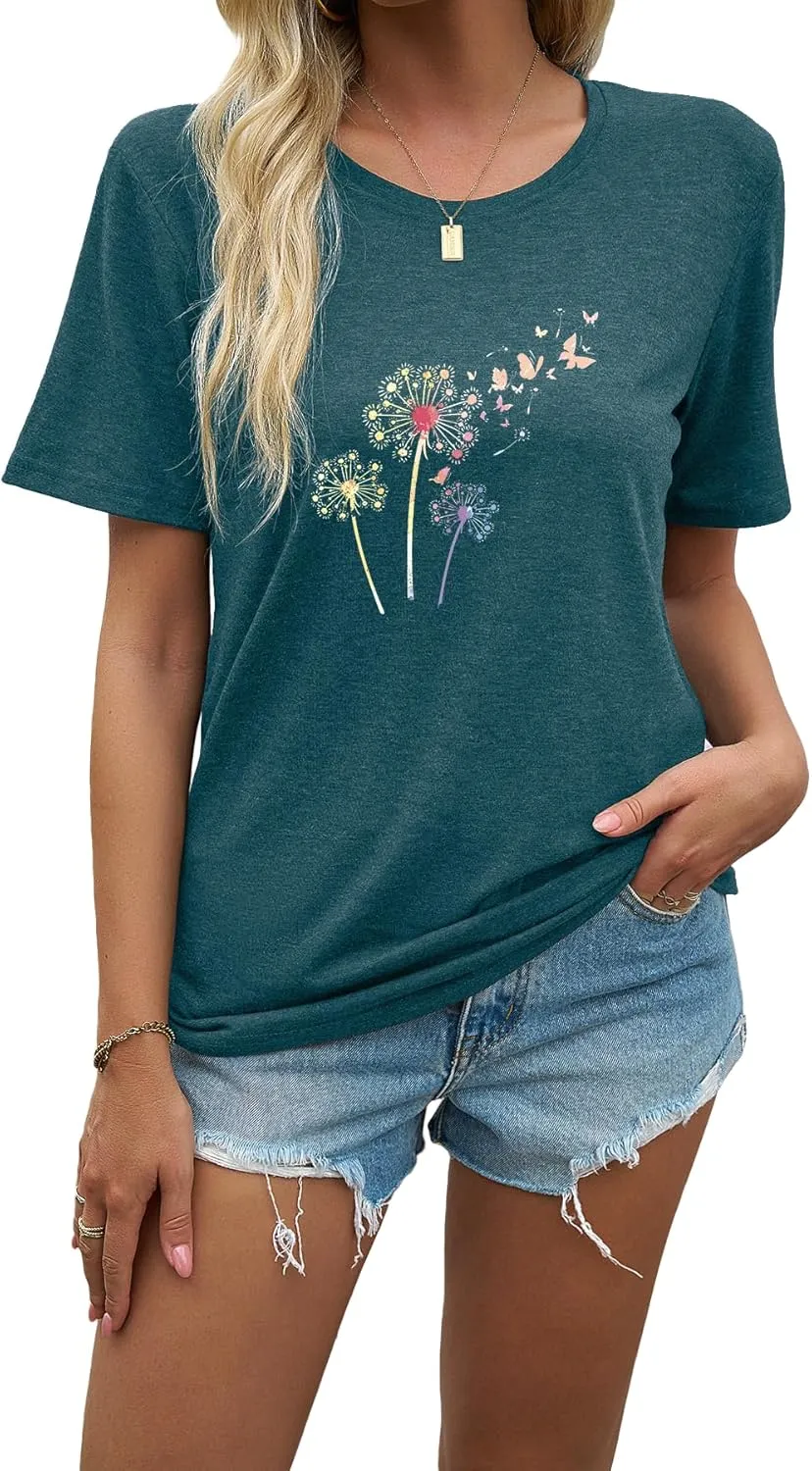 Plus Size Dandelion Graphic Tees for Women Sunflower T Shirt for Women O Neck Short Sleeve Top Tees