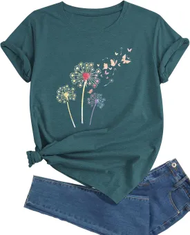 Plus Size Dandelion Graphic Tees for Women Sunflower T Shirt for Women O Neck Short Sleeve Top Tees