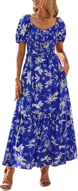 PRETTYGARDEN Womens Summer Dresses 2025 Casual Boho Floral Puff Short Sleeve Flowy Maxi Dress Smocked V Neck Sun Dresses