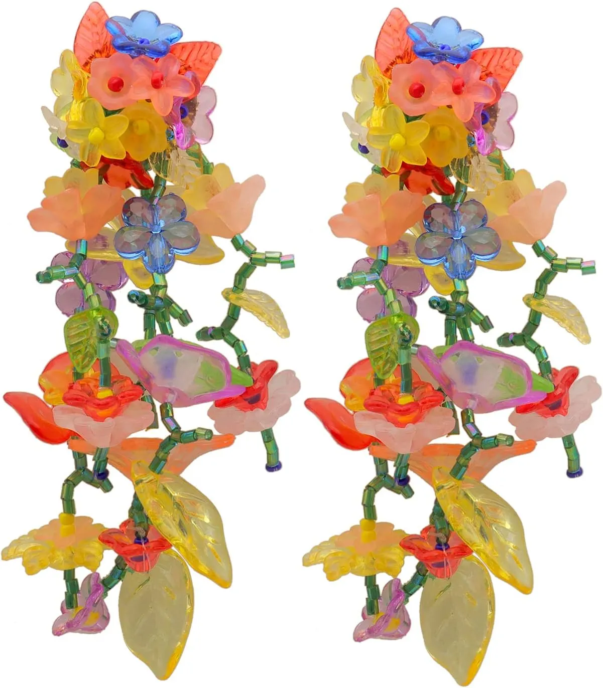 Rainbow Acrylic Flower Tassel Earrings for Women Handmade Colorful Leaf Flower Statement Earring Exaggerated Bead Rainbow Floral Dangle Earring for Boho Beach Jewelry