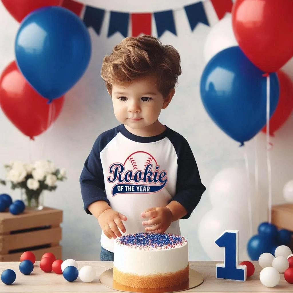 Rookie of The Year First Birthday Baby Boy Custom T-Shirt One Year Old Toddler Baseball Theme Kids Tees Personalized Shirt