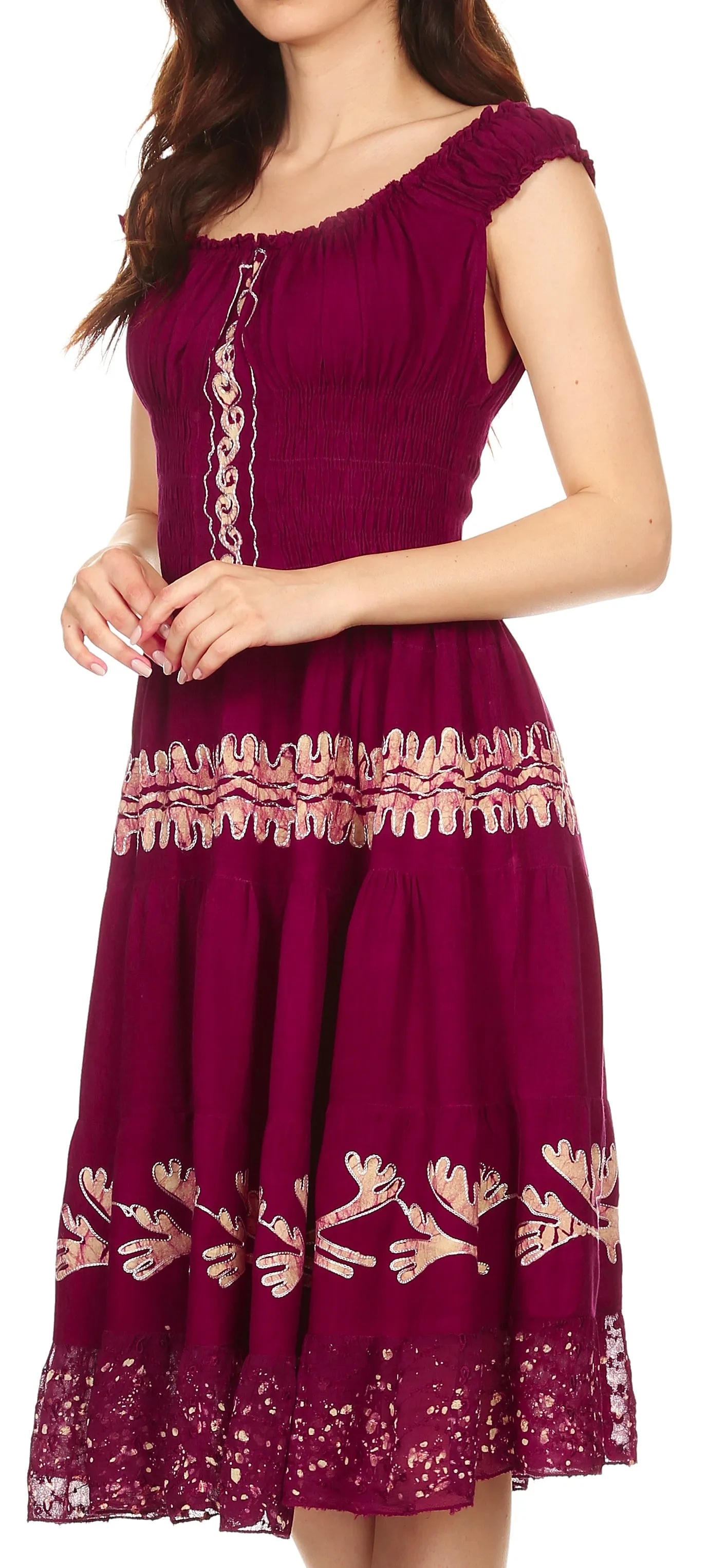 Sakkas Monica Boho Smocked Waist Sleeveless Mid-Length Embroidered Batik Dress