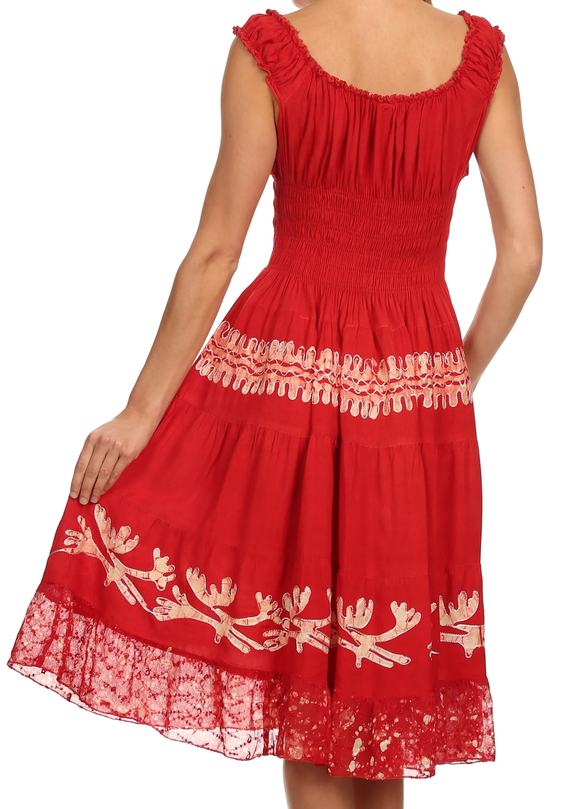 Sakkas Monica Boho Smocked Waist Sleeveless Mid-Length Embroidered Batik Dress