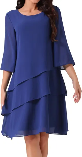 Seta T Women's Chiffon Dresses 3/4 Bell Sleeve Crewneck Tiered Layered Flowy Dress Party Wedding Outfits