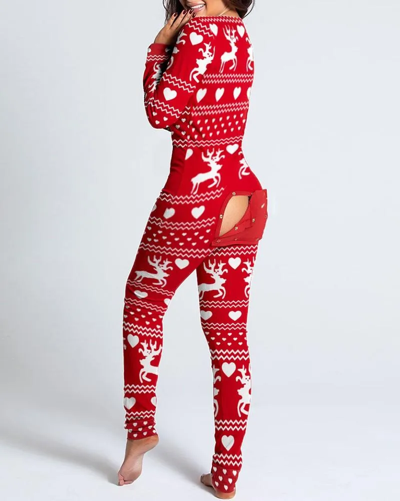 Womens Christmas Pajamas with Sexy Xmas Print, Button-down Front and Back, Open Butt Flap Jumpsuit for New Year Sleepwear and Loungewear