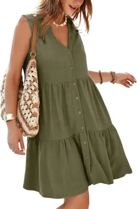 Simplee Womens Sleeveless Linen Summer Dress Casual Button Down Mini Dress Flowy Beach Sundress with Pockets