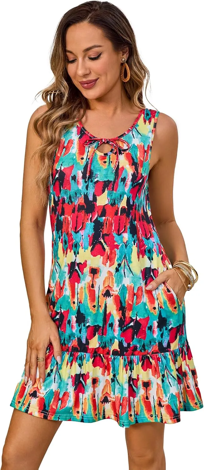 Summer Dresses: Rope Tie Neck Sleeveless Pockets Sundresses - Chic & Casual Dress for Women on Beach Time