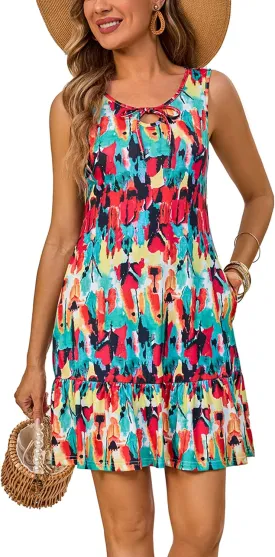 Summer Dresses: Rope Tie Neck Sleeveless Pockets Sundresses - Chic & Casual Dress for Women on Beach Time