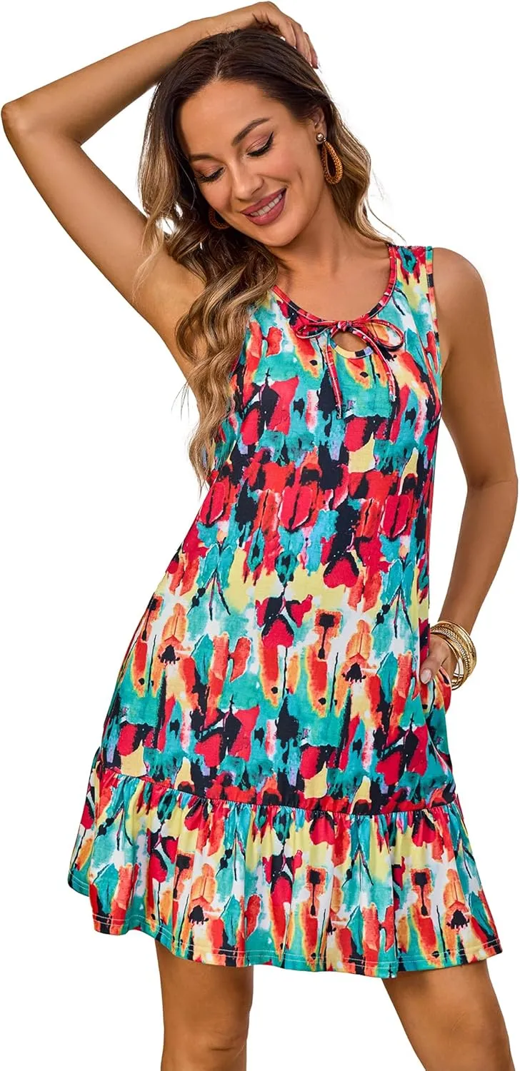 Summer Dresses: Rope Tie Neck Sleeveless Pockets Sundresses - Chic & Casual Dress for Women on Beach Time
