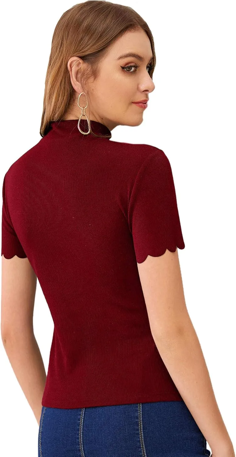 SweatyRocks Women's Mock Neck Ribbed Knit Scallop Short Sleeve T Shirt Tops