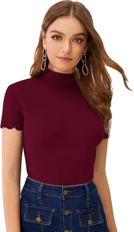 SweatyRocks Women's Mock Neck Ribbed Knit Scallop Short Sleeve T Shirt Tops