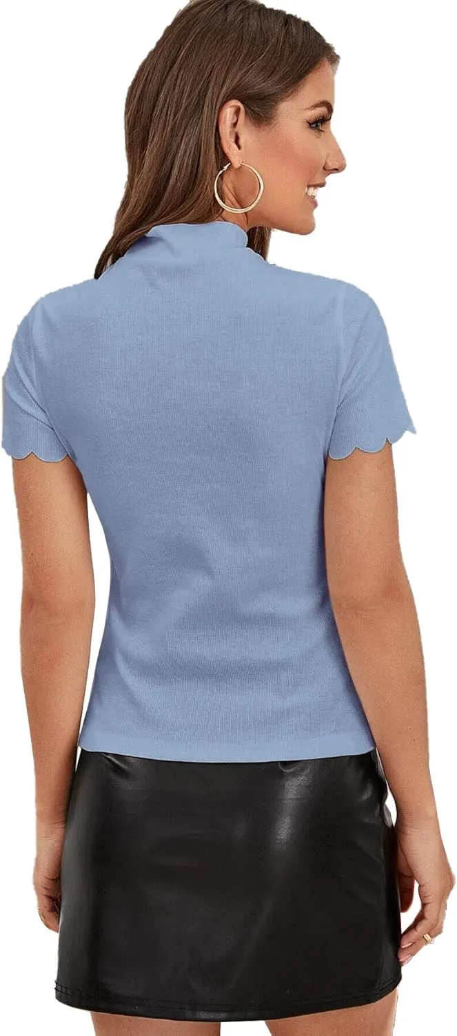 SweatyRocks Women's Mock Neck Ribbed Knit Scallop Short Sleeve T Shirt Tops