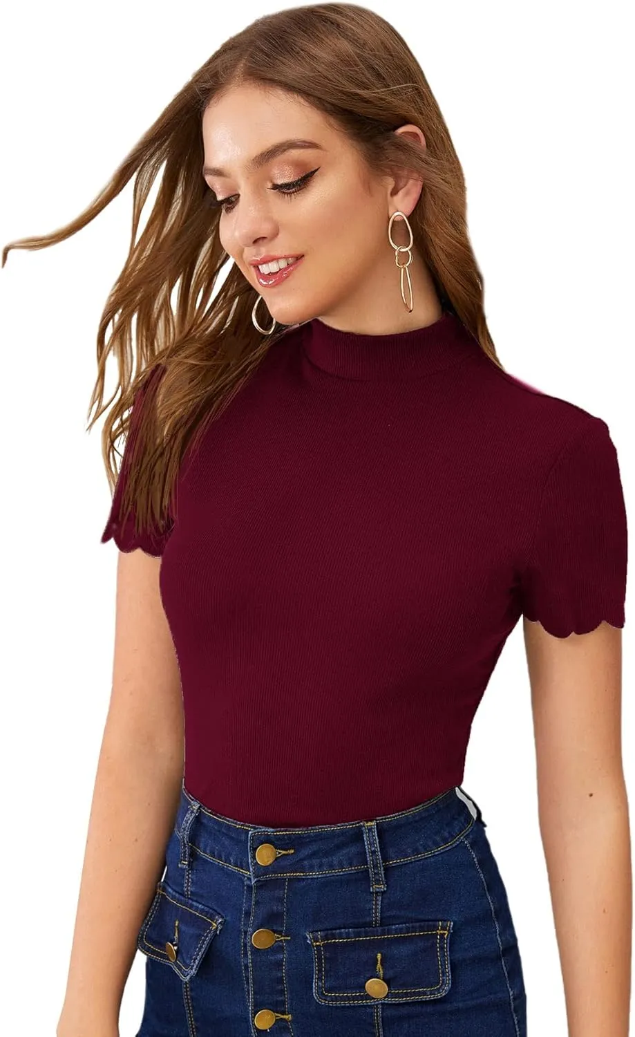 SweatyRocks Women's Mock Neck Ribbed Knit Scallop Short Sleeve T Shirt Tops