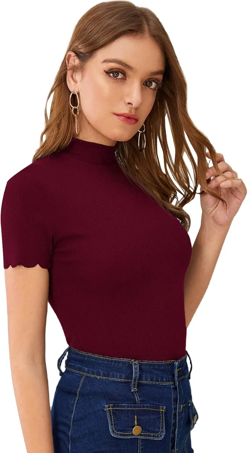 SweatyRocks Women's Mock Neck Ribbed Knit Scallop Short Sleeve T Shirt Tops