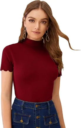 SweatyRocks Women's Mock Neck Ribbed Knit Scallop Short Sleeve T Shirt Tops