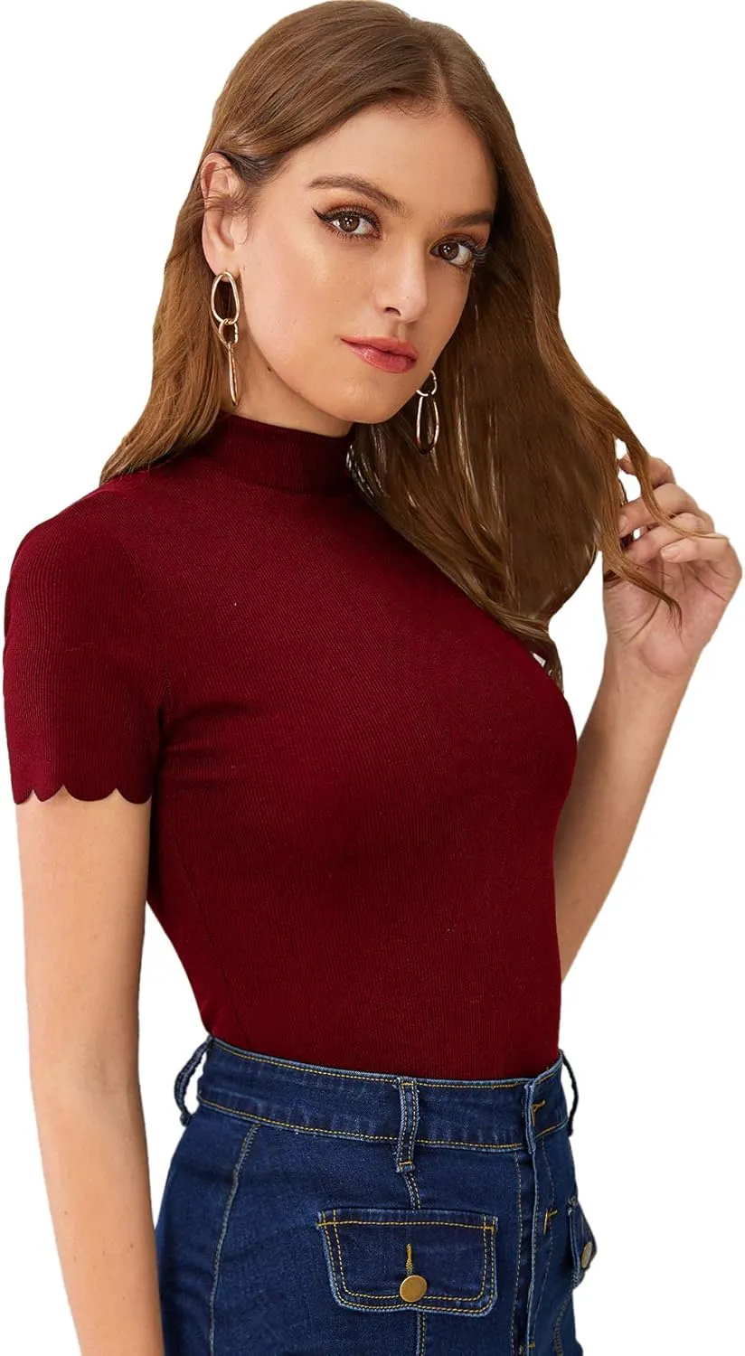 SweatyRocks Women's Mock Neck Ribbed Knit Scallop Short Sleeve T Shirt Tops