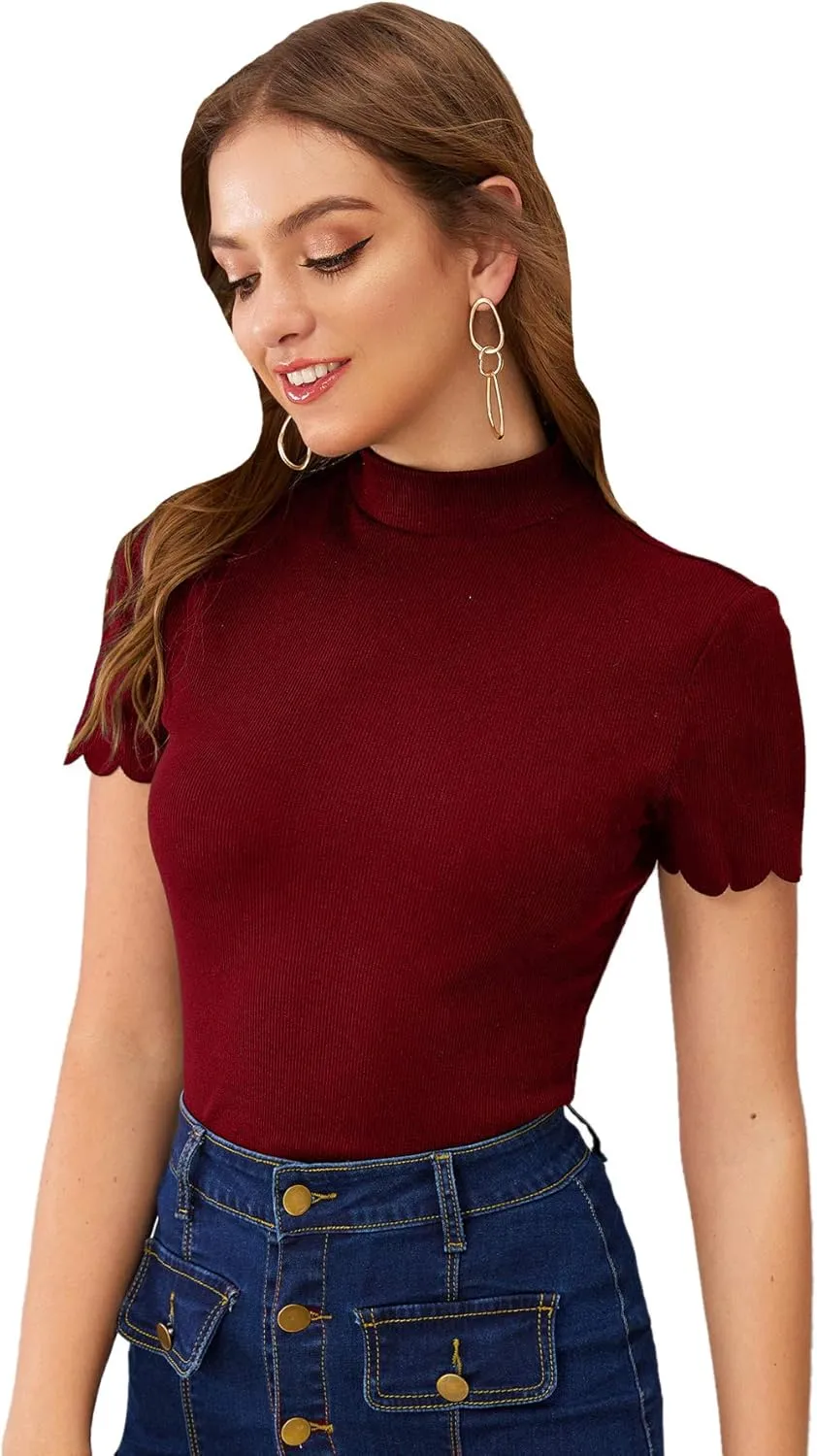 SweatyRocks Women's Mock Neck Ribbed Knit Scallop Short Sleeve T Shirt Tops