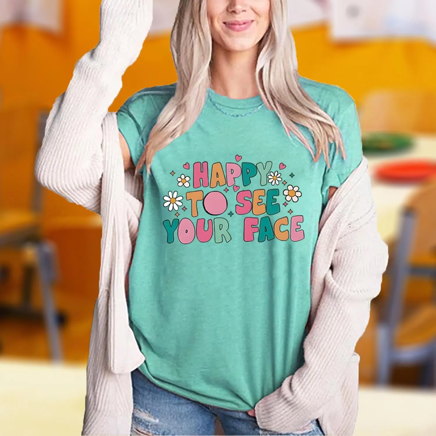 Teacher Shirts for Women Happy to See Your Face Shirt First Day of School Teacher T-Shirt Appreciation Tee Gifts