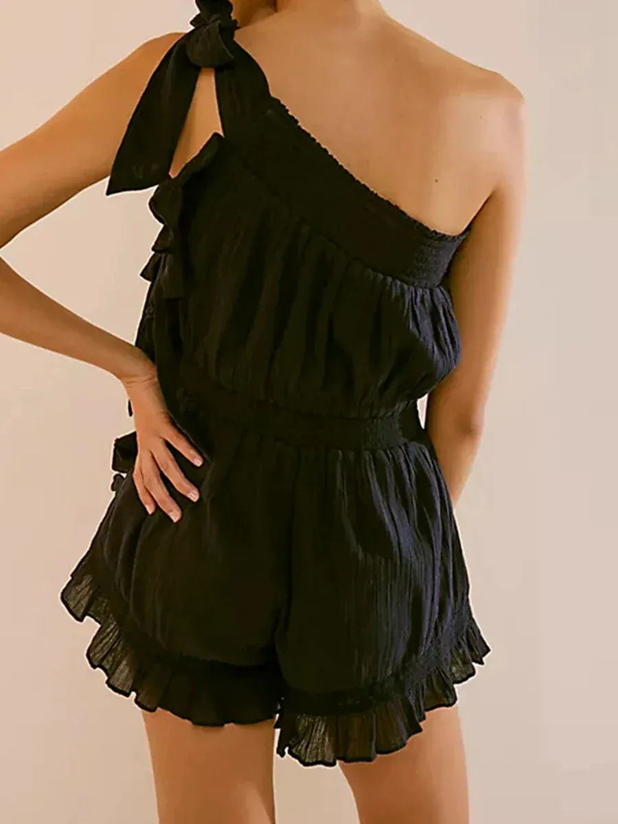 Tie-up Ruffled Solid Clubwear Sleeveless Romper