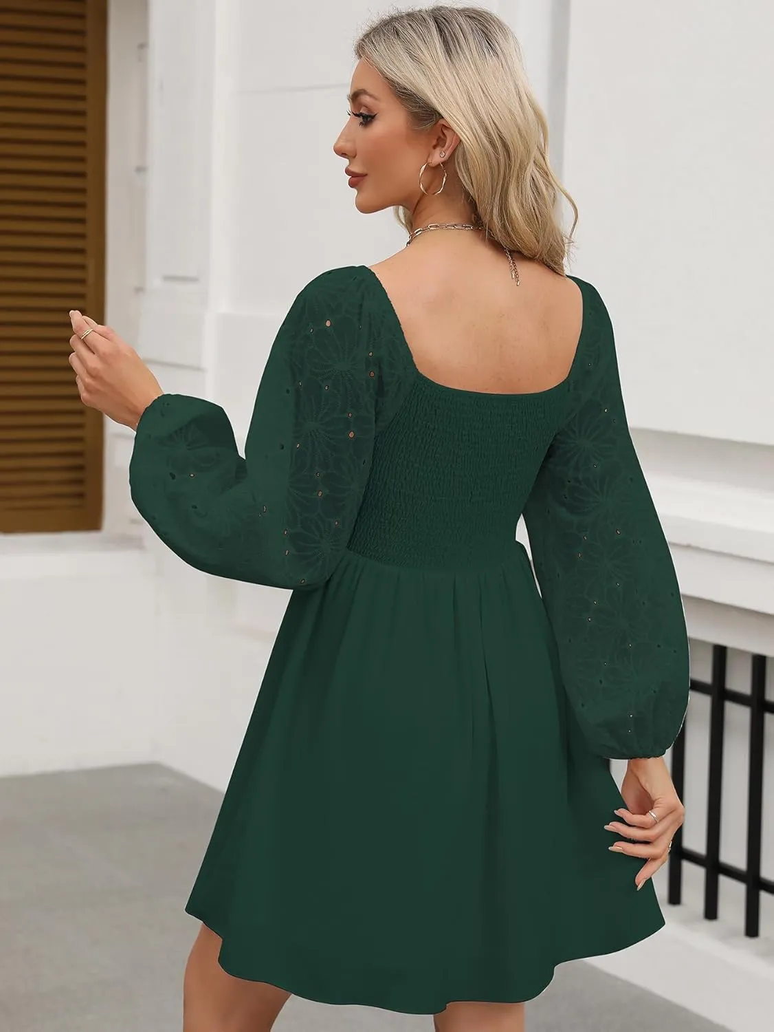 Womens Elegant Wedding Guest Dress Square Neck Lantern Long Sleeve A Line Flowy Cocktail Party Mini Dresses