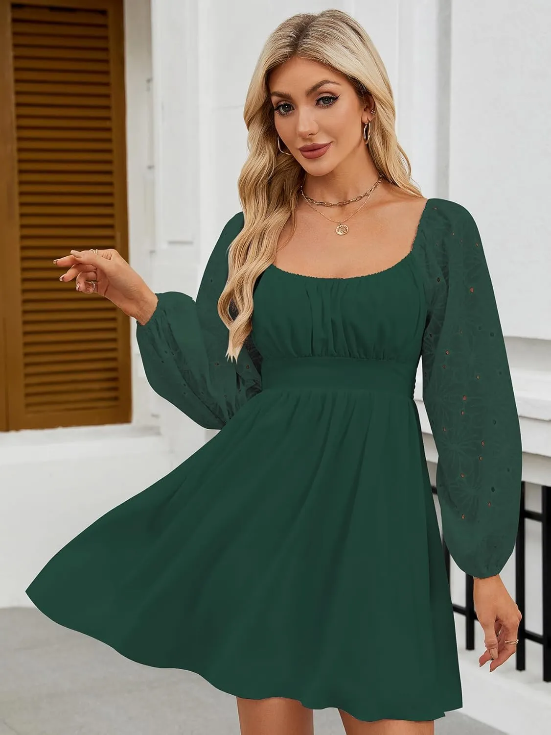 Womens Elegant Wedding Guest Dress Square Neck Lantern Long Sleeve A Line Flowy Cocktail Party Mini Dresses