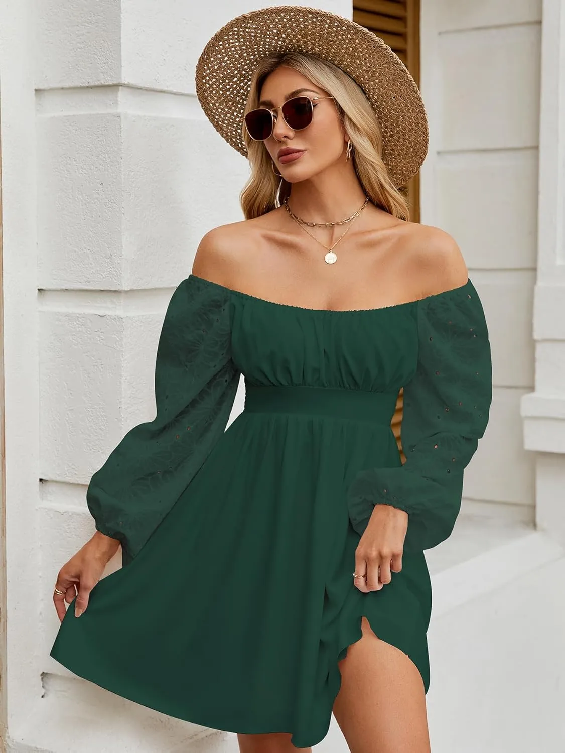 Womens Elegant Wedding Guest Dress Square Neck Lantern Long Sleeve A Line Flowy Cocktail Party Mini Dresses