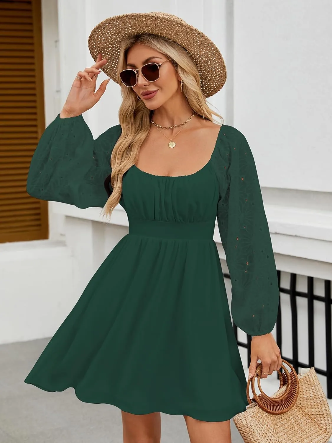Womens Elegant Wedding Guest Dress Square Neck Lantern Long Sleeve A Line Flowy Cocktail Party Mini Dresses
