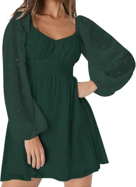 Womens Elegant Wedding Guest Dress Square Neck Lantern Long Sleeve A Line Flowy Cocktail Party Mini Dresses