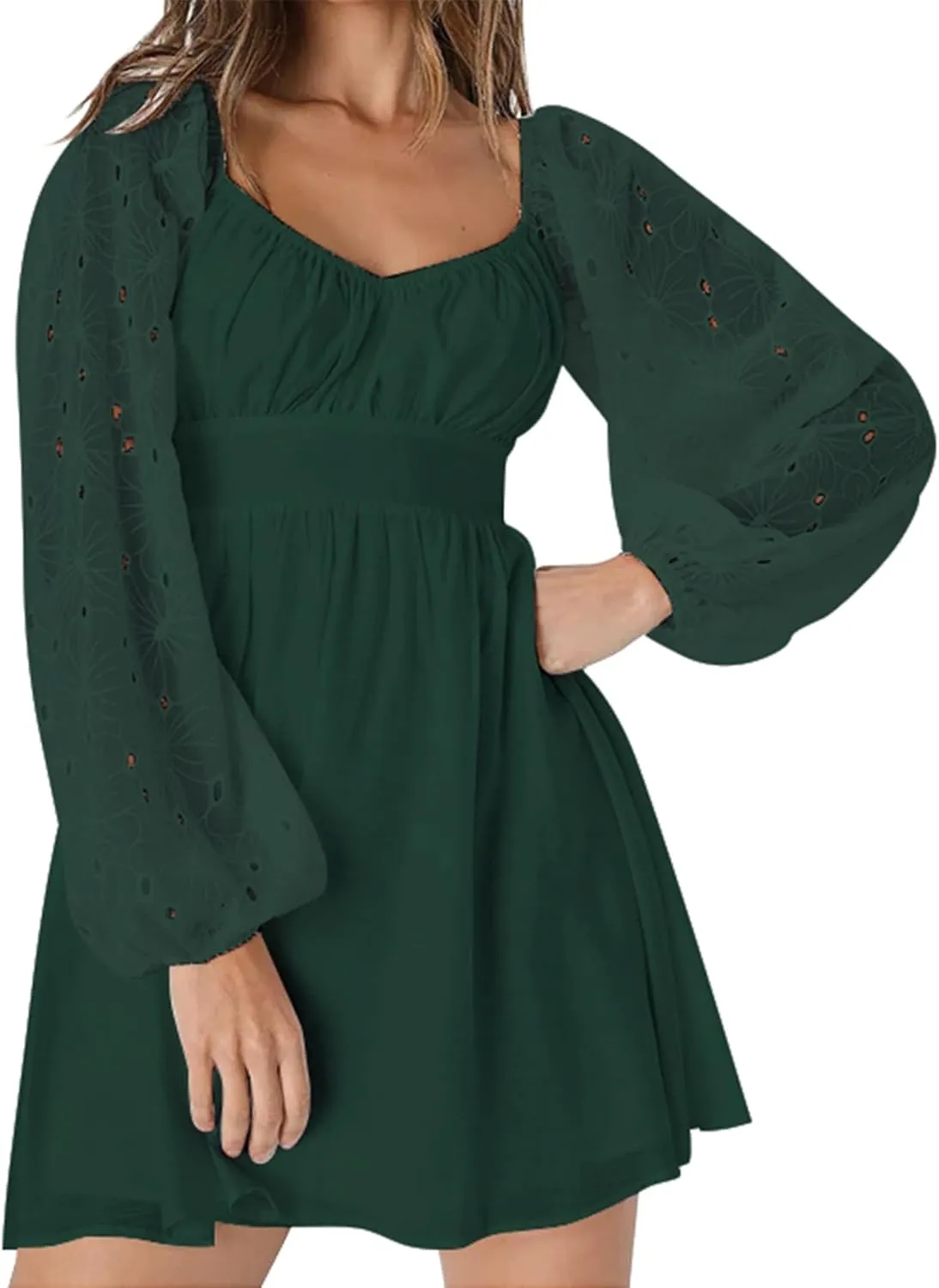 Womens Elegant Wedding Guest Dress Square Neck Lantern Long Sleeve A Line Flowy Cocktail Party Mini Dresses