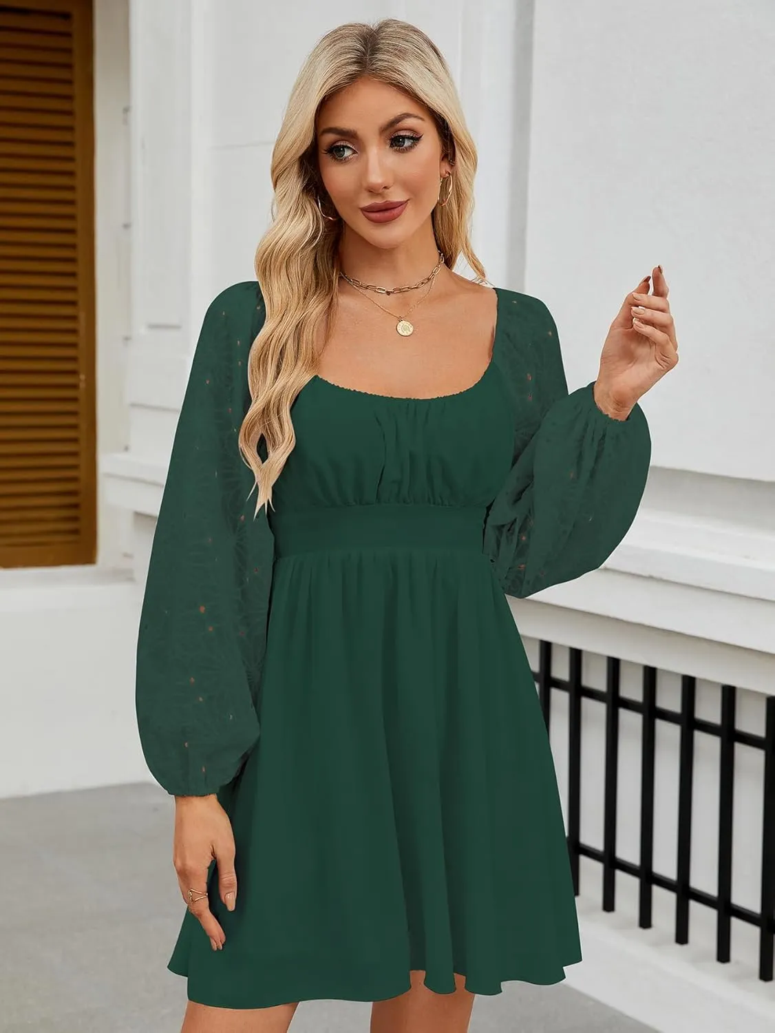 Womens Elegant Wedding Guest Dress Square Neck Lantern Long Sleeve A Line Flowy Cocktail Party Mini Dresses