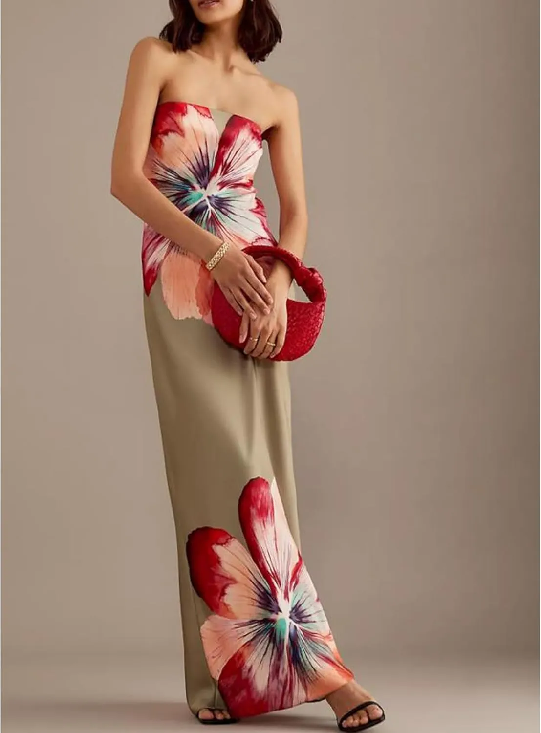 Womens Floral Strapless Dress Y2k Backless Sleeveless Tube Maxi Long Dresses Sexy Mesh Bodycon Summer Beachwear
