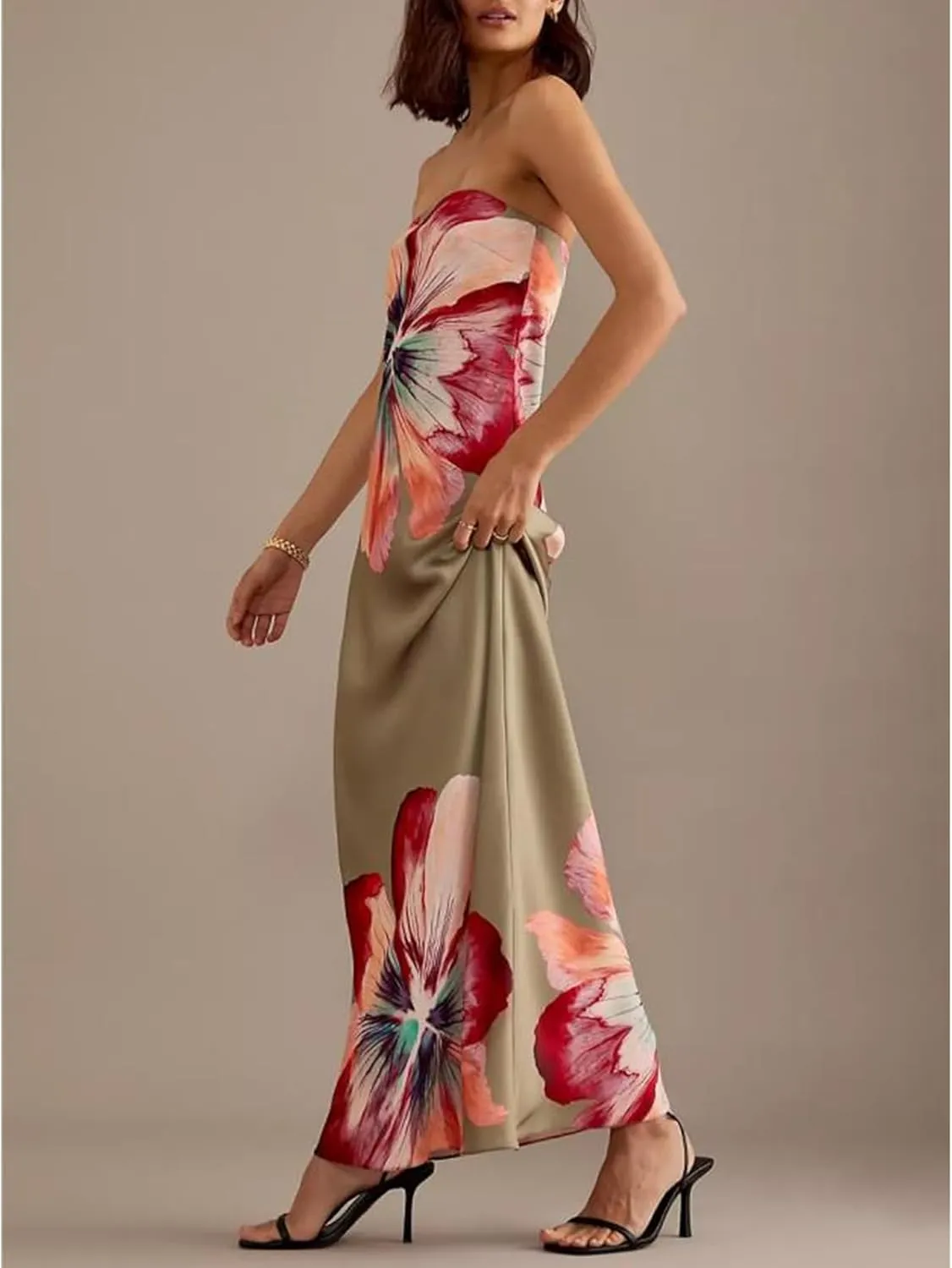 Womens Floral Strapless Dress Y2k Backless Sleeveless Tube Maxi Long Dresses Sexy Mesh Bodycon Summer Beachwear